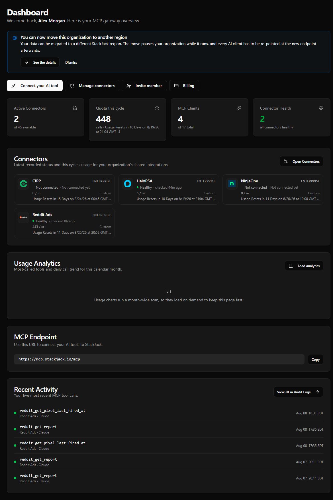 The StackJack Portal Dashboard for a configured tenant, with populated summary cards, connector health and usage, the MCP endpoint, and recent activity.