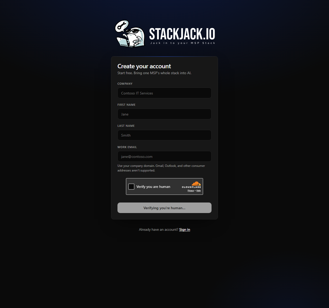 The current /signup form showing Company, First name, Last name, Work email, company-domain guidance, and the human-verification check