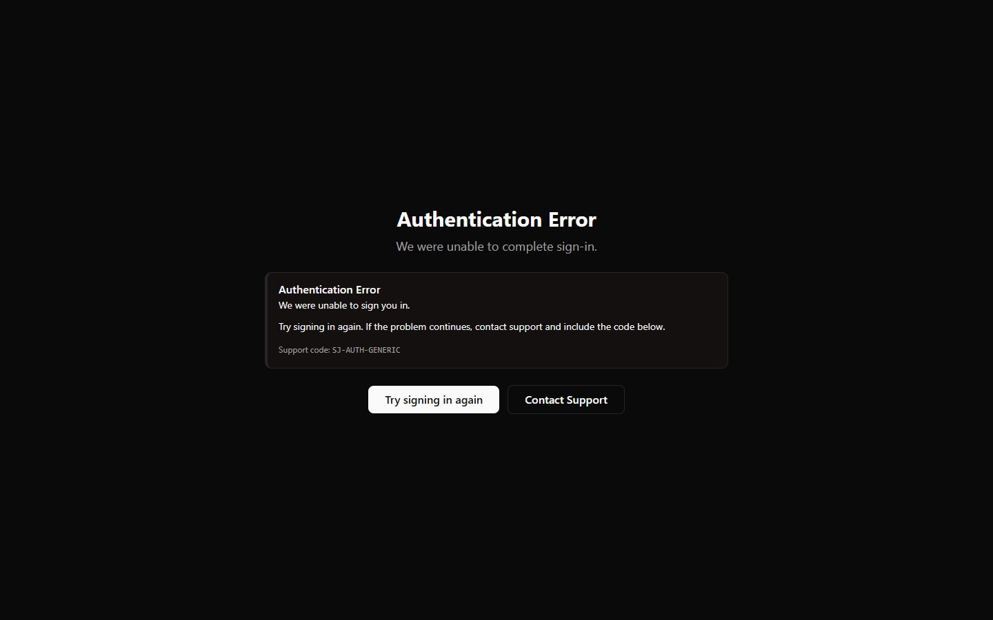 The Authentication Error page showing the SJ-AUTH support code and the Try Signing In Again button