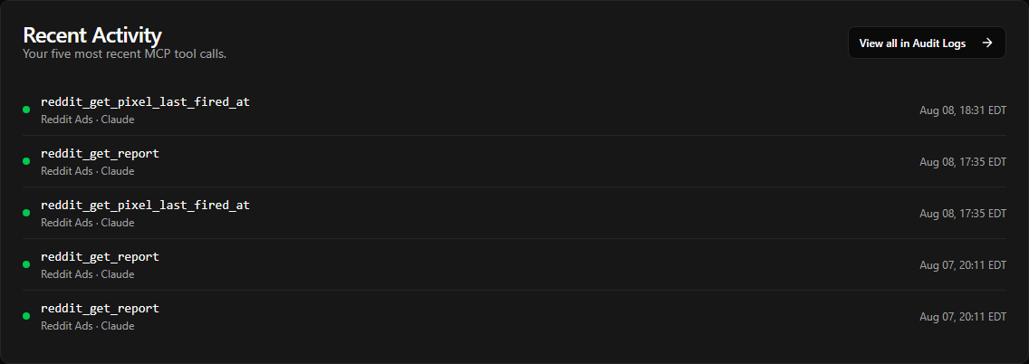 The five-row Recent Activity glance showing tool, connector, AI client, status indicator, and time