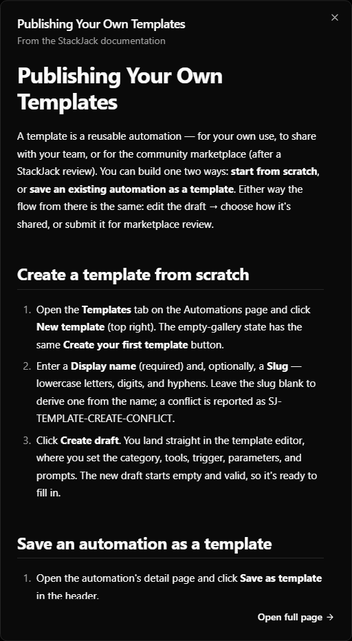 The contextual help panel opened from the New template page, showing the matched documentation and Open full page link