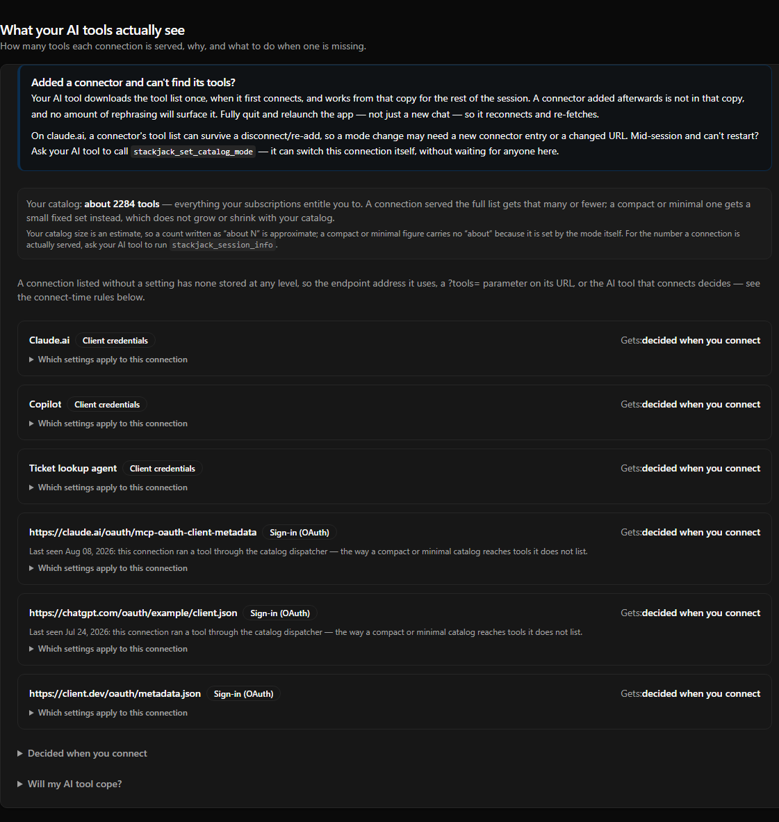 The MCP Setup connection-visibility section listing client-credential and sign-in OAuth connections, their connect-time catalog state, and recent dispatcher activity