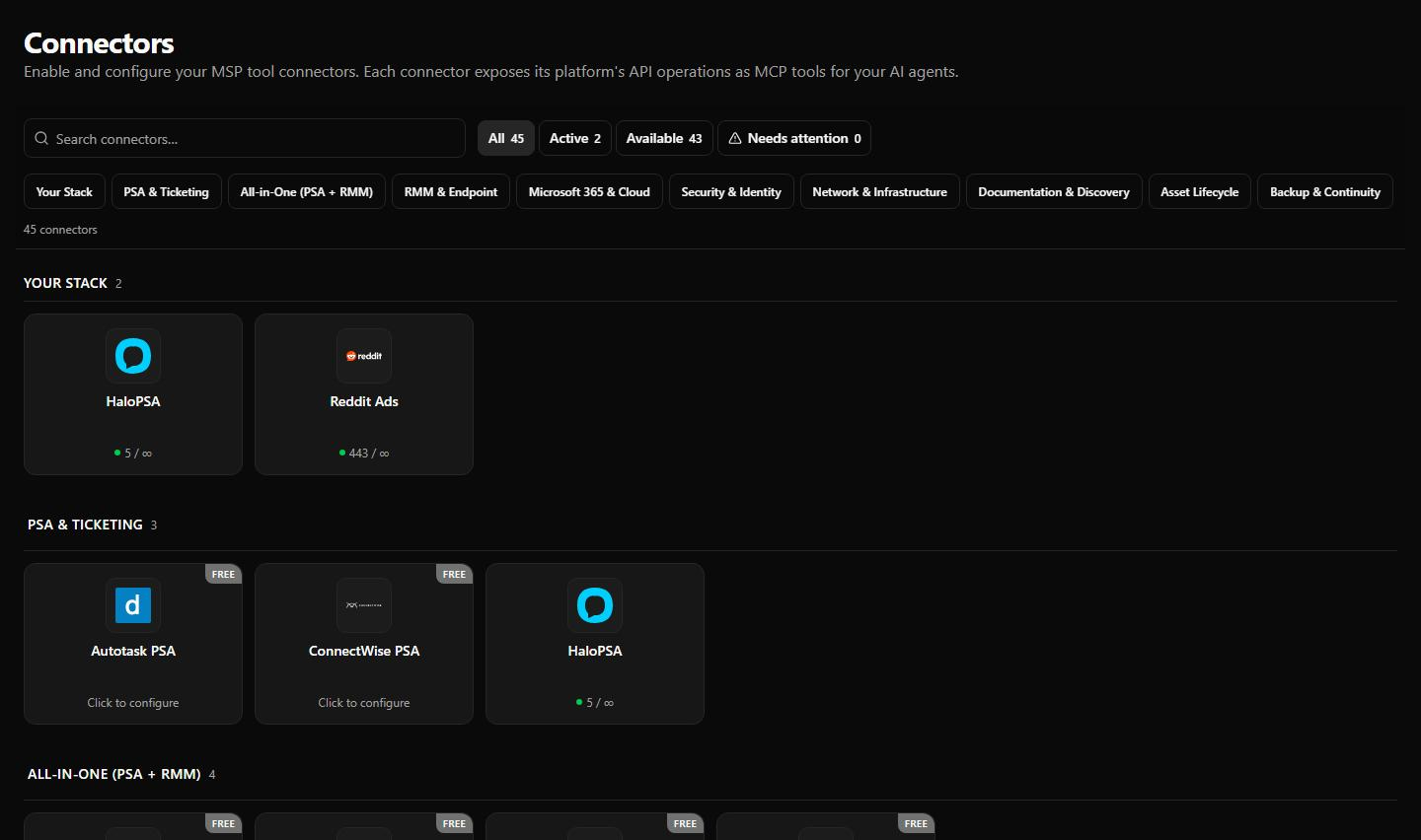 The current categorized Connectors page with search and status filters, a populated Your Stack section, and available connector cards.