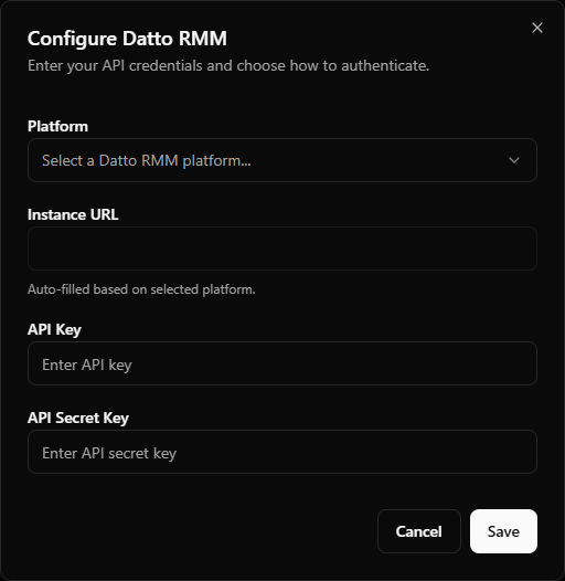 A region-based connector's setup fields showing the region dropdown and read-only instance URL.