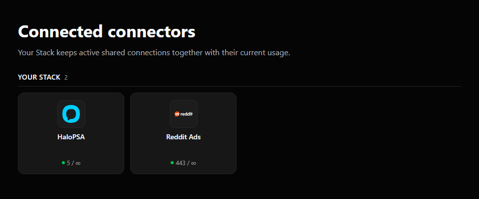 The current Your Stack section with two active connectors and their usage counts