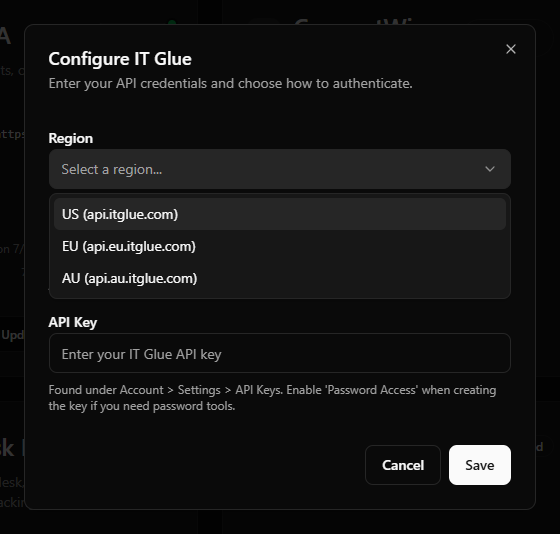 IT Glue credential-field example with the Region dropdown open showing US/EU/AU options and the API Key field filled with a masked value.