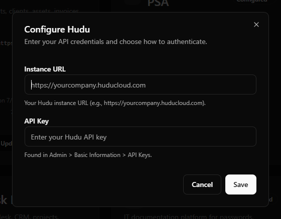 Hudu credential-field example with Instance URL and API Key fields