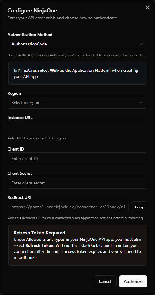 NinjaOne OAuth credential-field example — region dropdown, copyable Redirect URI row, and the "Refresh Token Required" warning alert