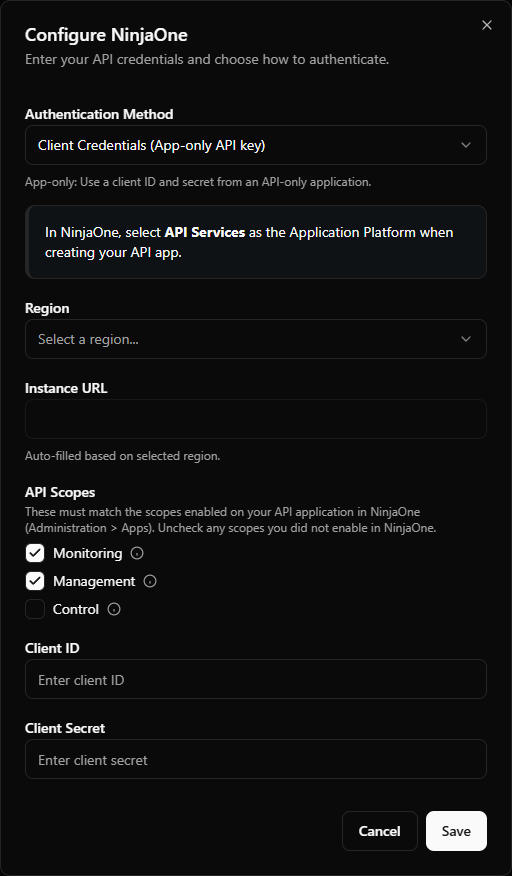 NinjaOne Client Credentials field example — region dropdown and the three API scope checkboxes with info tooltips