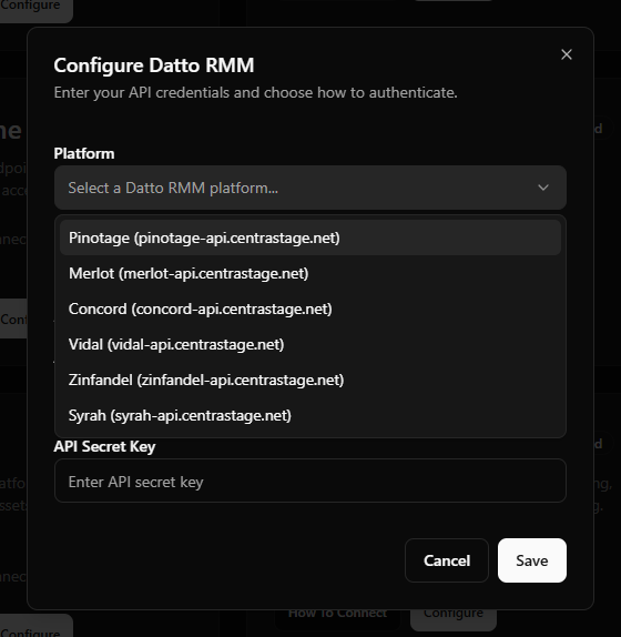 Datto RMM setup-field example with the platform dropdown open showing the six pods