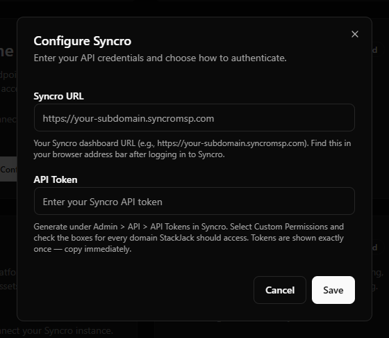 Syncro credential-field example with the Syncro URL filled in and the API Token field showing a masked value.
