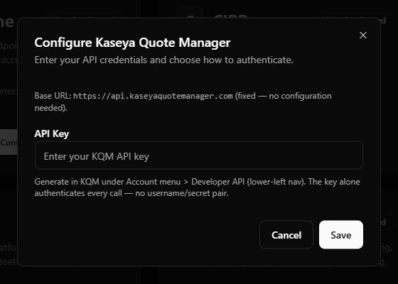 Kaseya Quote Manager credential-field example showing the fixed base URL note and the API Key field with a masked value.