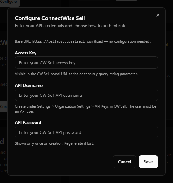 ConnectWise Sell credential-field example showing the fixed base URL note and the Access Key / API Username / API Password fields.
