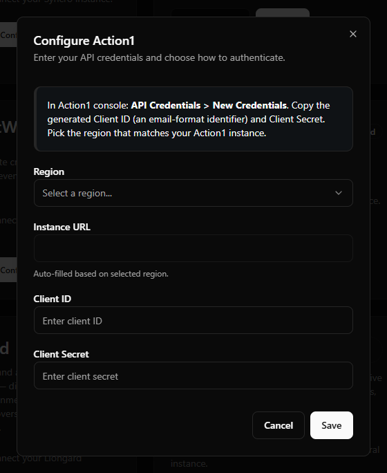 Action1 setup-field example showing the region dropdown, auto-filled Instance URL, and Client ID / Client Secret fields.
