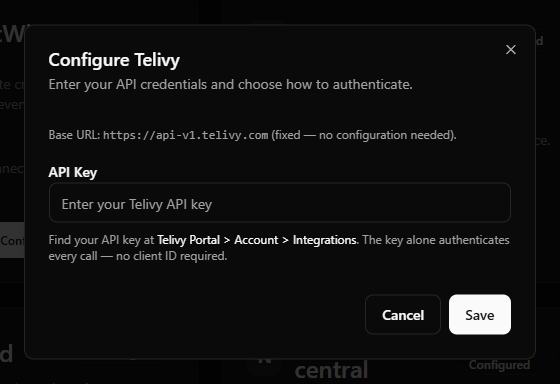 Telivy credential-field example showing the fixed base URL note and the single API Key field.
