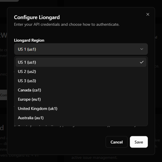 Liongard setup-field example with the region dropdown open, and again with "Other (custom)" selected showing the Custom Subdomain field and live URL preview.