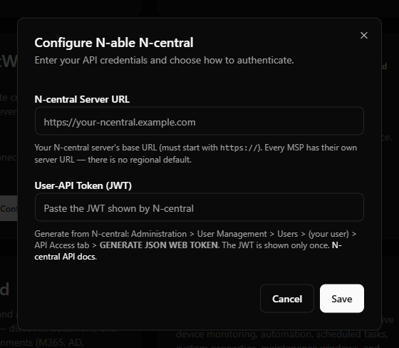N-able N-central credential-field example showing the Server URL and User-API Token fields