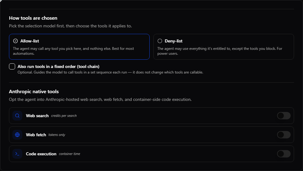 The Advanced builder's tool-policy controls and Anthropic native-tool rows for Web search, Web fetch, and Code execution, with their current cost-basis labels.