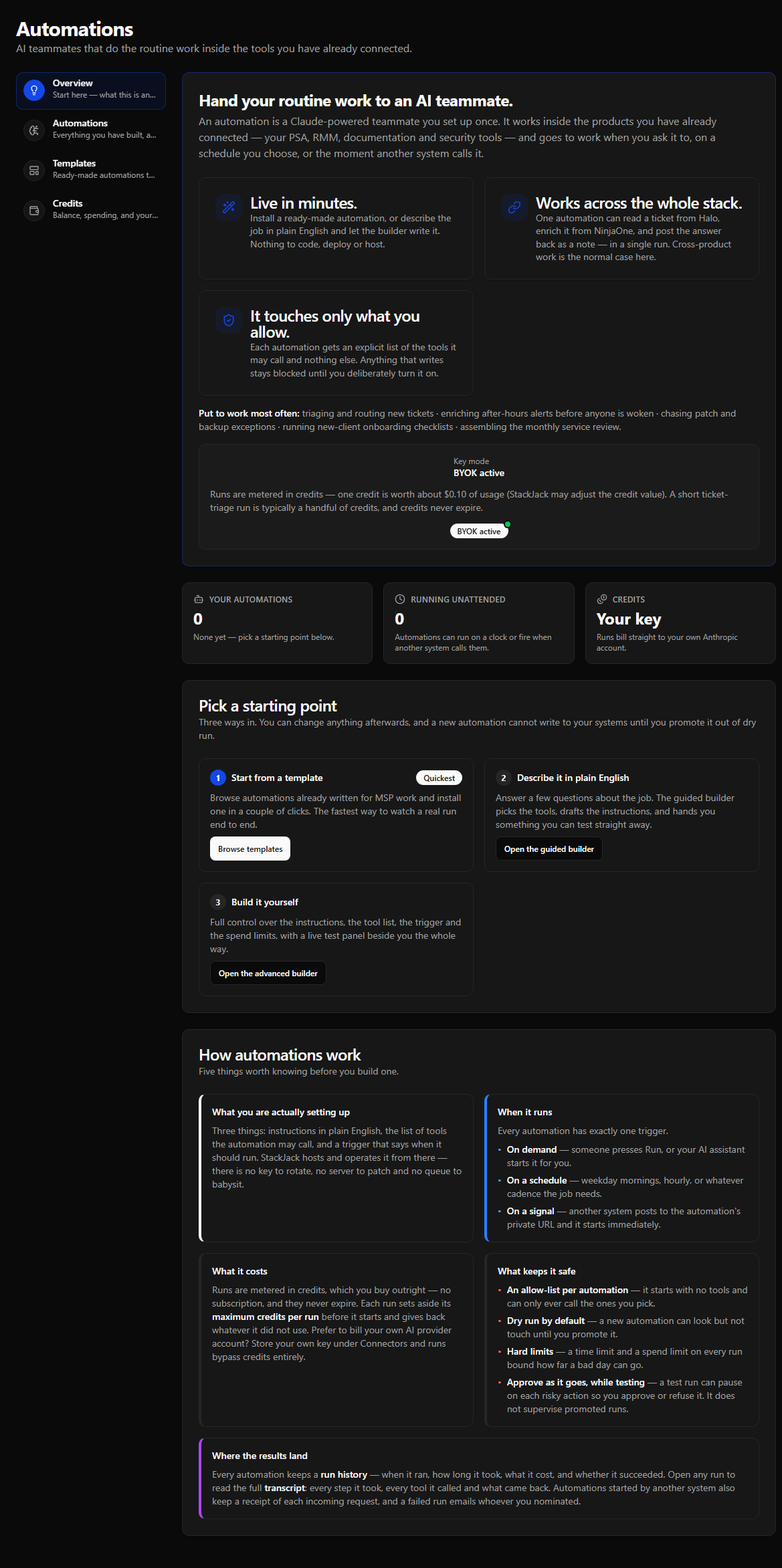The Automations page Overview tab, showing the hero card above the reference card of things worth knowing before you build an automation.