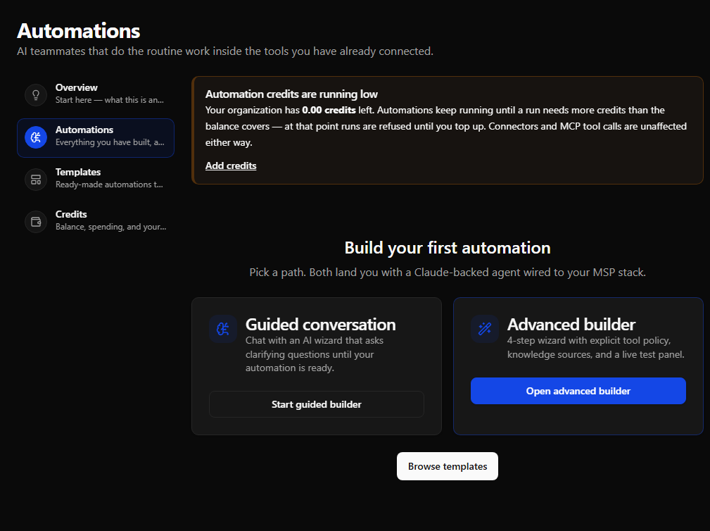 The Automations page with the left rail visible and the Automations tab active, shown here in its first-run empty state with the two build-mode cards.