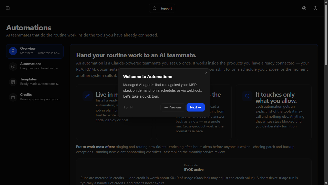The first-visit tour welcome dialog over the Automations page.