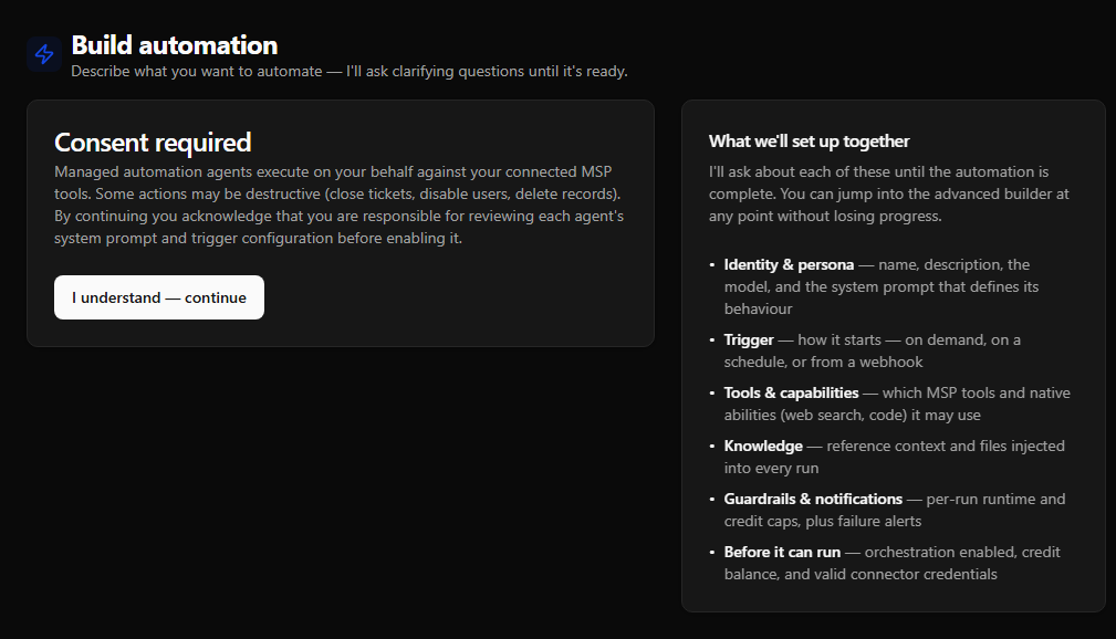 The wizard's "Consent required" card with the "I understand — continue" button.