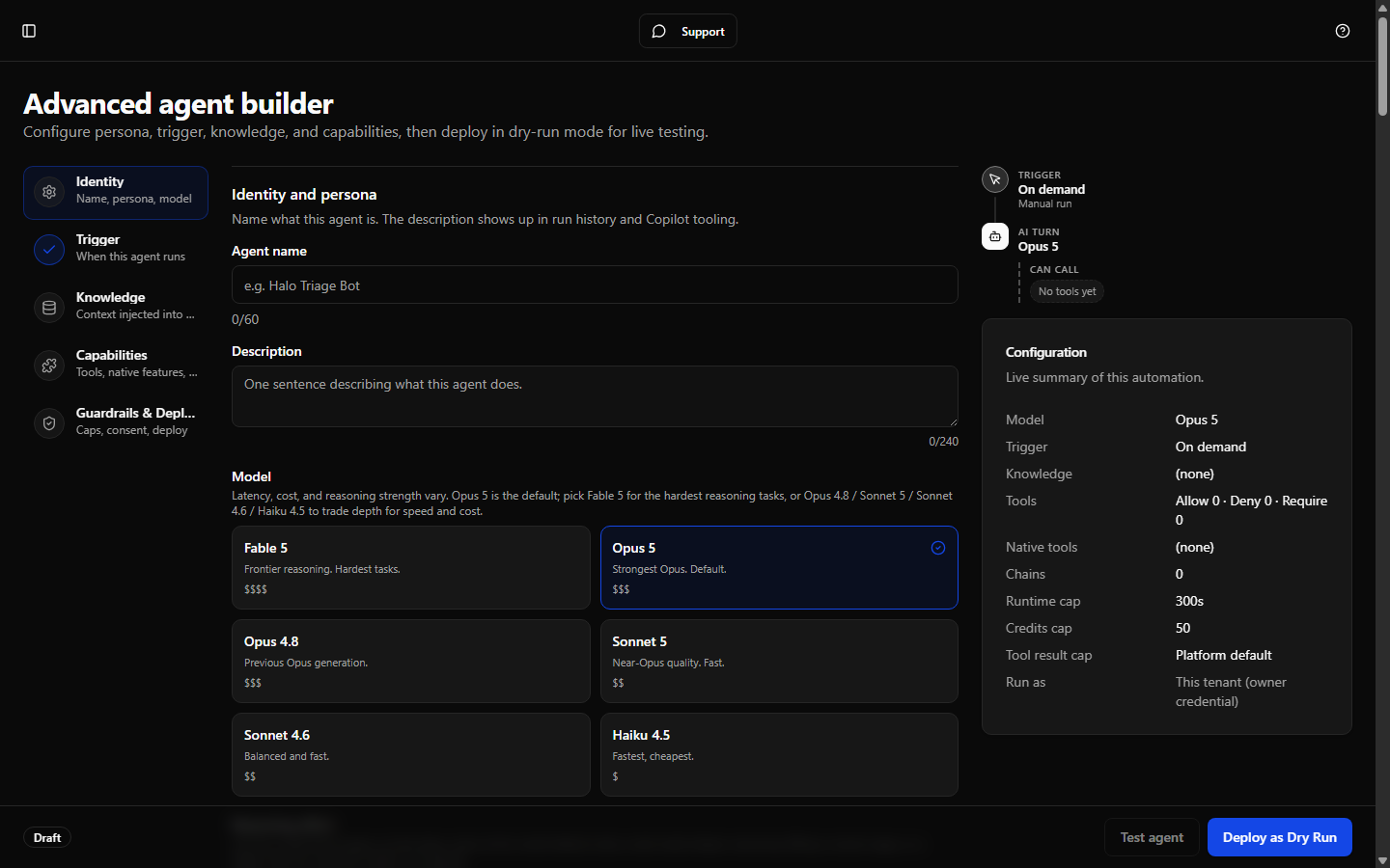 The builder with the section rail on the left, the Identity section active, and the action bar.