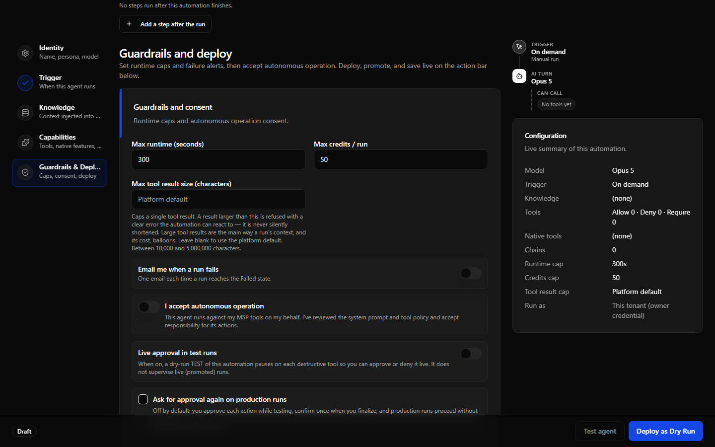 The Guardrails & Deploy section with the run guardrails and the consent switch, and the summary cards in the preview sidecar.