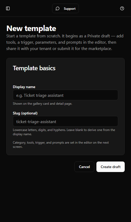 The New template page with the required display name, optional slug, and Create draft action.