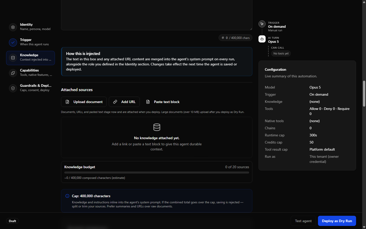 The builder's Knowledge and context section showing the Core knowledge textarea with its live counter, the Attached sources list, and the Add knowledge card with Upload document, Add URL, and Paste text block buttons.