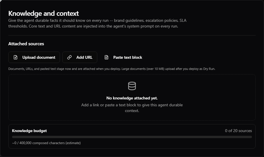 The blank Knowledge section with Upload document, Add URL, and Paste text controls available before the first deploy.