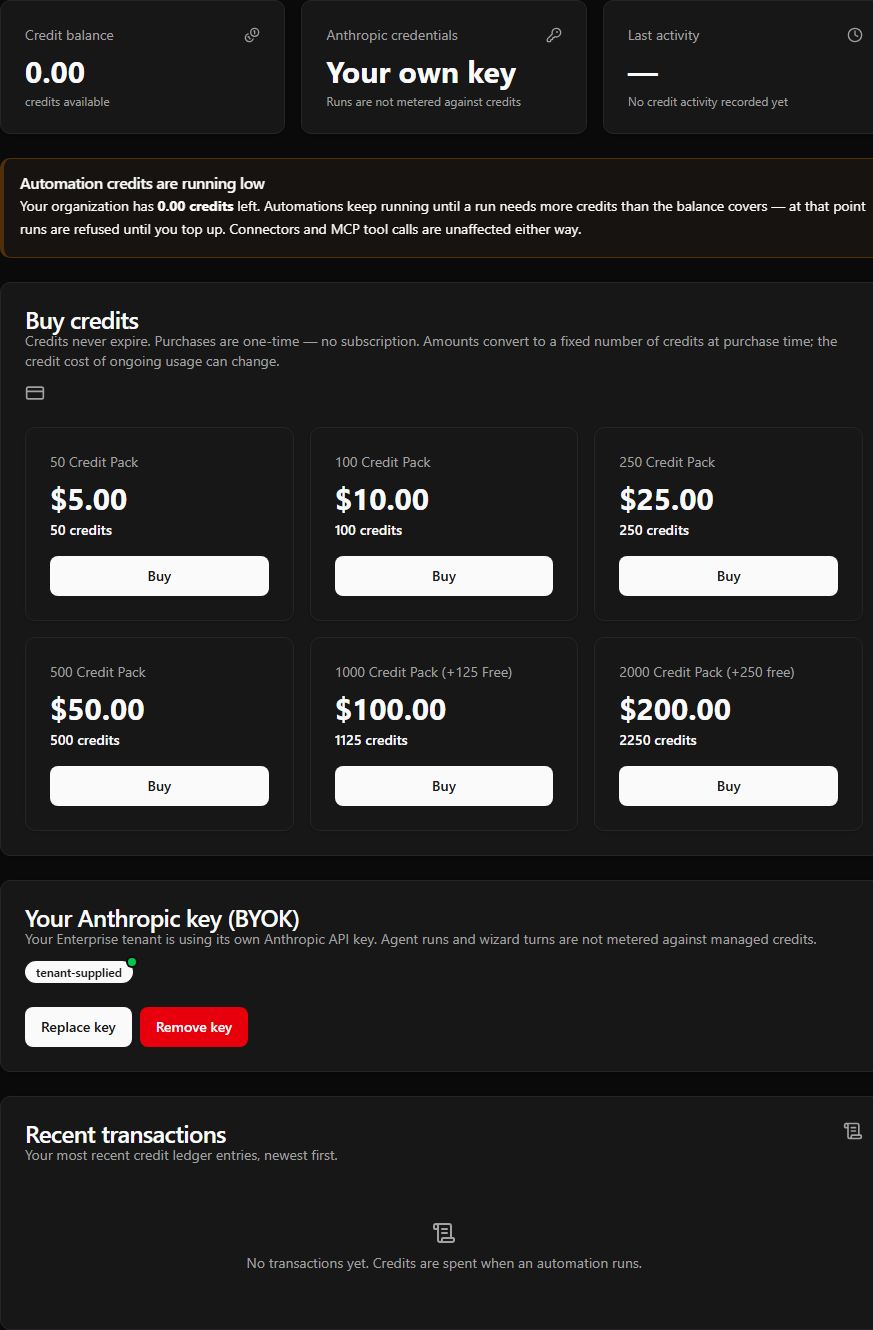 The Credits tab showing tenant-supplied BYOK active, credit packs, and an empty StackJack credit ledger.