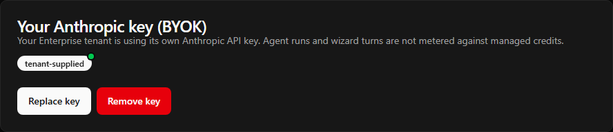 The current BYOK management card with tenant-supplied status and Replace key and Remove key buttons