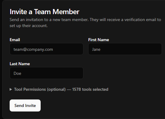 The current Team page invite card with email and name fields, the optional Tool Permissions summary, and Send Invite