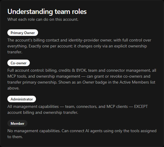 The Team page "Understanding team roles" legend card showing the Primary Owner / Co-owner / Administrator / Member descriptions