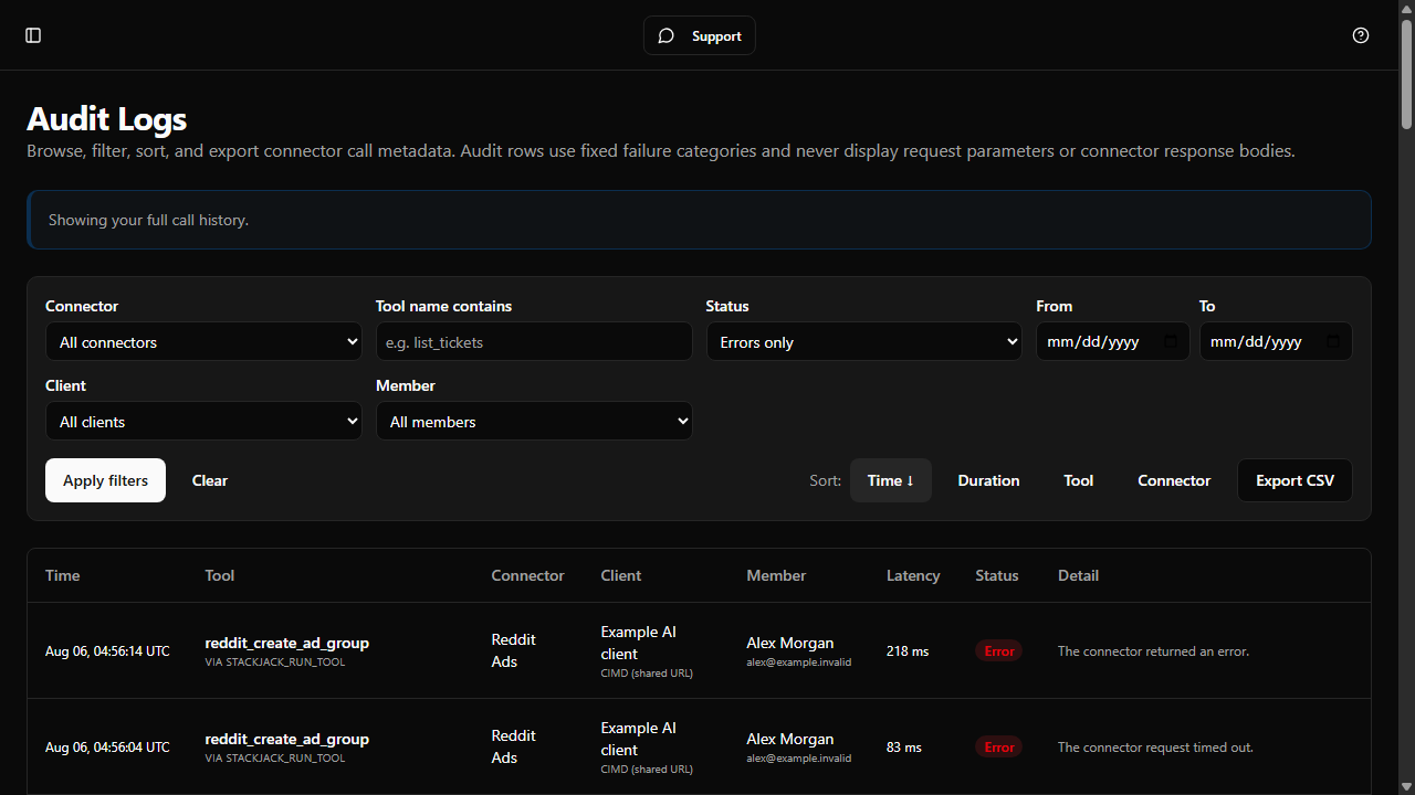 Audit Logs filtered to failed calls, showing the per-call error detail
